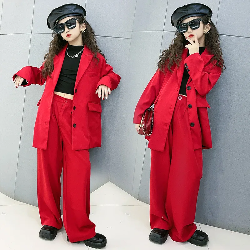 

Suit for Girls Red Loose Casual Blazer Wide Leg Pant Two Pieces Teenage Children's Outfits 12 13 14 Years Fashion Kid's Costume