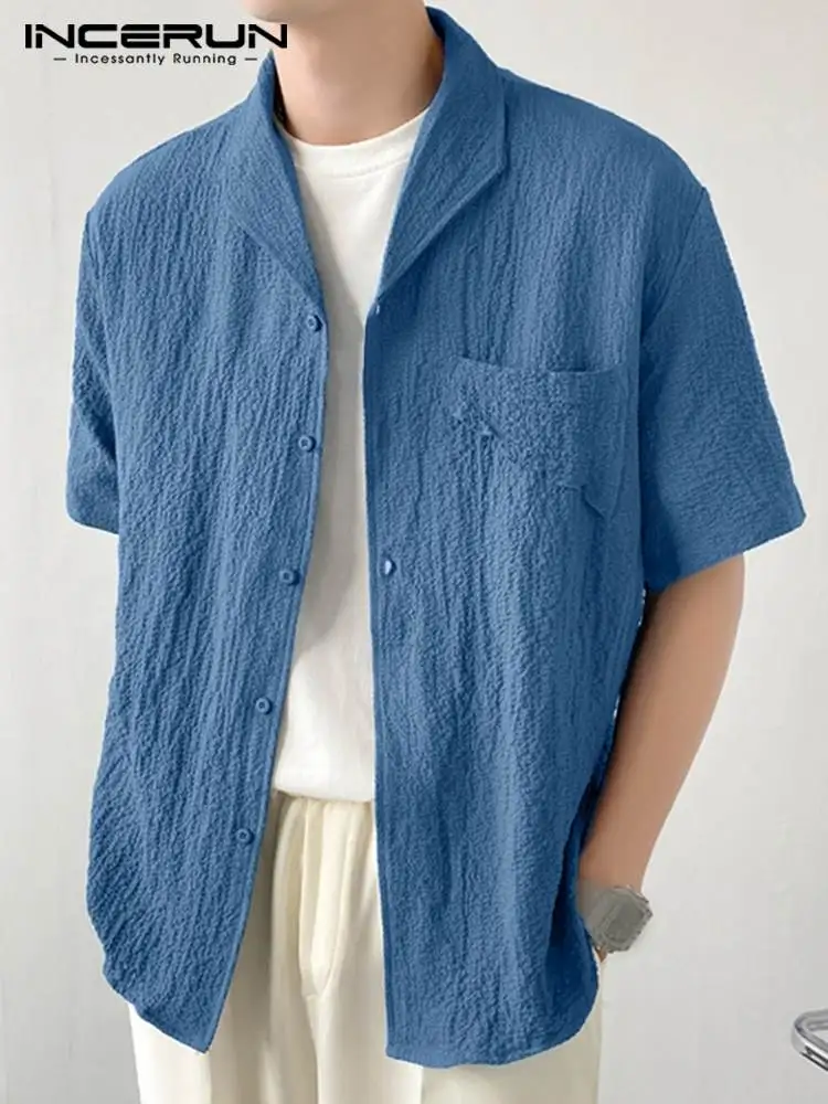 

Men Shirt Solid Color Lapel Short Sleeve Button Casual Men Clothing 2022 Loose Summer Streetwear Leisure Camisas S-5XL INCERUN