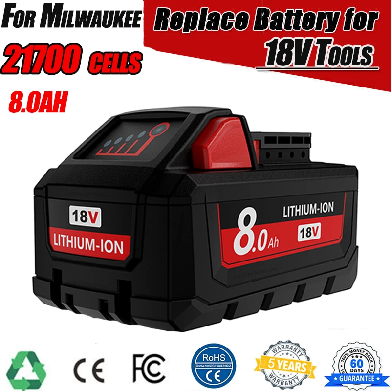 

18V 8.0Ah For Milwaukee M18 21700 Battery cell XC Lithium Battery 48-11-1860 48-11-1850 48-11-1840 Rechargeable Batteries