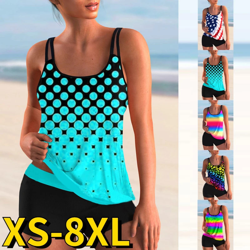 

2022 Summer DOT Print Swimsuit Women Two-piece Bikini Retro Sexy Tankini Beachwear High-waisted Loose Size Monokini Bathing Suit