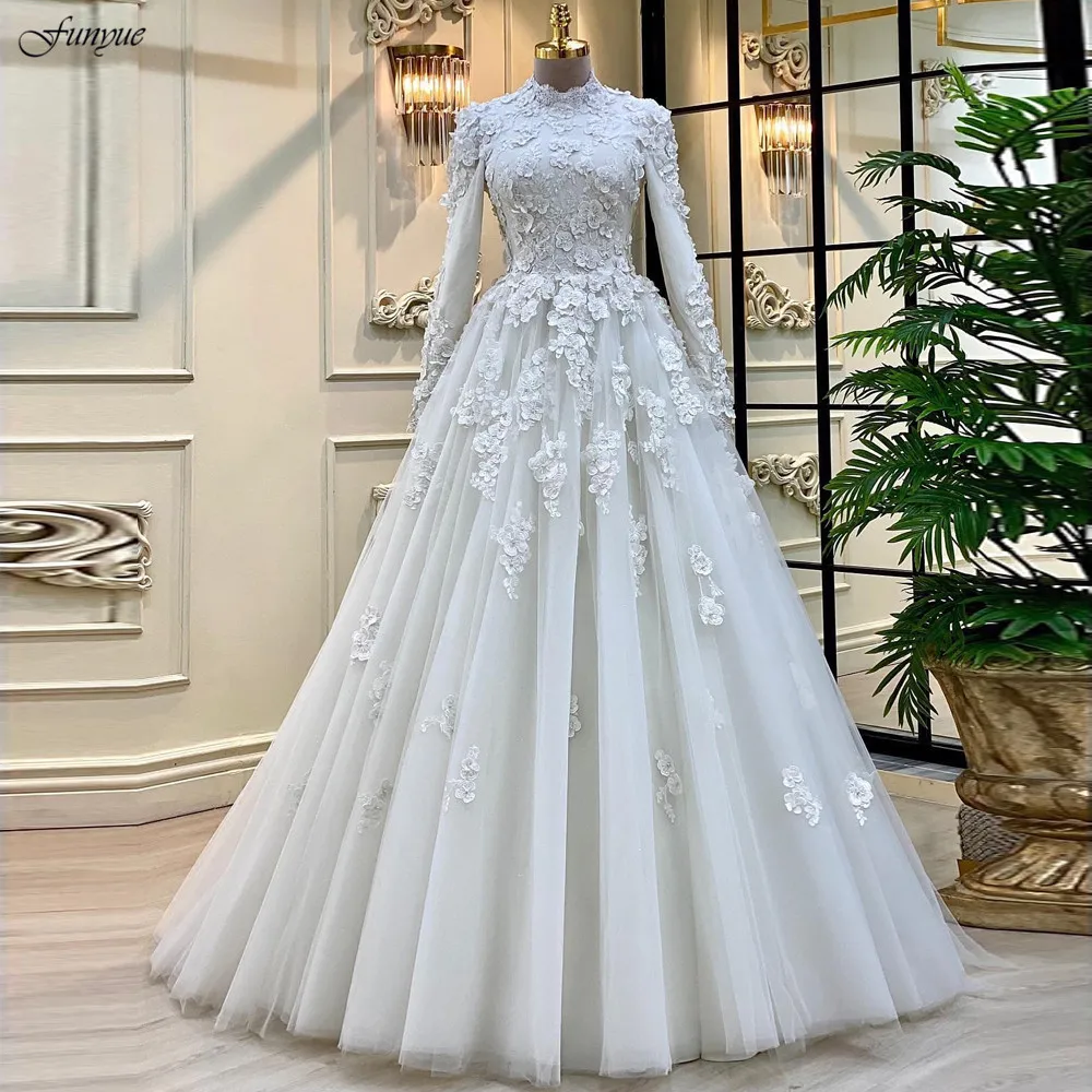 Funyue Princess 3D Flowers A-Line Wedding Dresses For Women 2025 Bride Long Sleeve Muslim Bridal Dress Vestidos De Novia