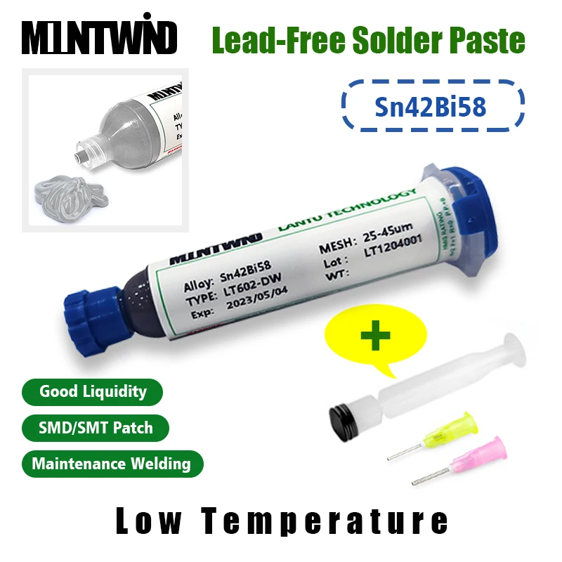 

MOUNTWIND Solder Paste Lead-Free Sn42Bi58 20g/30g/50g/100g 138℃ Low Temperature Flux For Soldering BGA Repair PCB LED SMT SMD