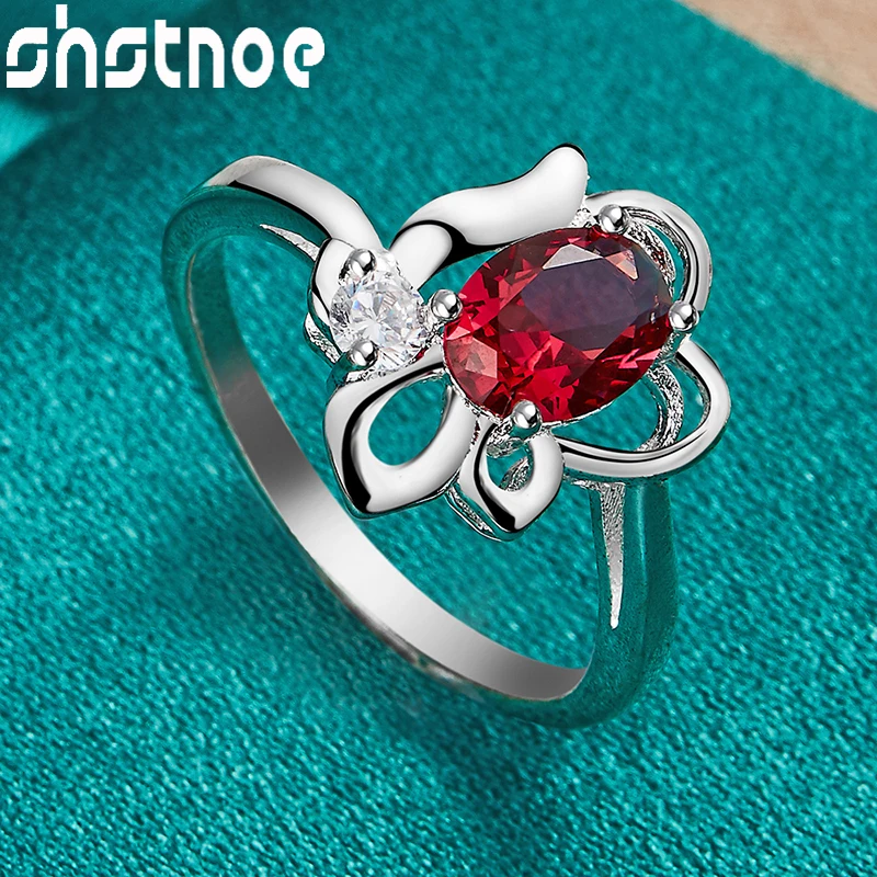 

SHSTONE 925 Sterling Silver Red Zircon Geometry Ring For Women Bridal Wedding Bands Jewelry Fashion Retro Charm Accessories Gift