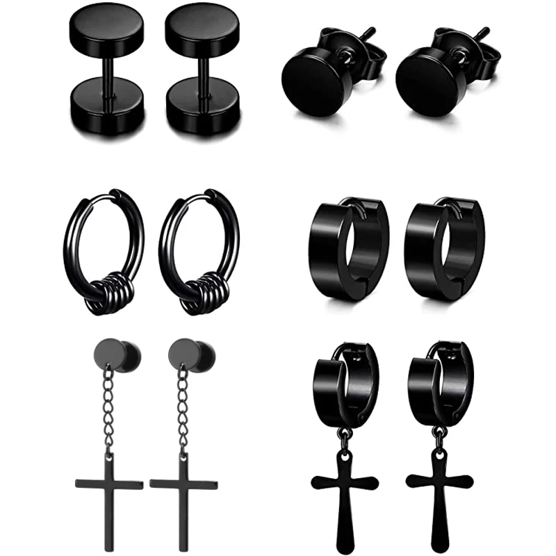 

6 Pairs of Small Ring Earrings Black Stainless Steel Pendant Cross Earrings Piercing Set For Men And Women Punk Style