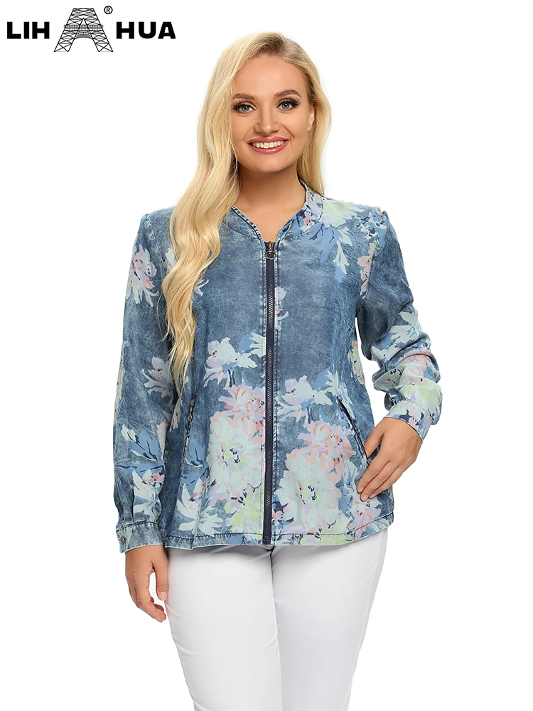 LIH HUA Women's Plus Size Denim Jacket Autumn Chic Elegant Jacket For Chubby Women Cotton Woven Jacket