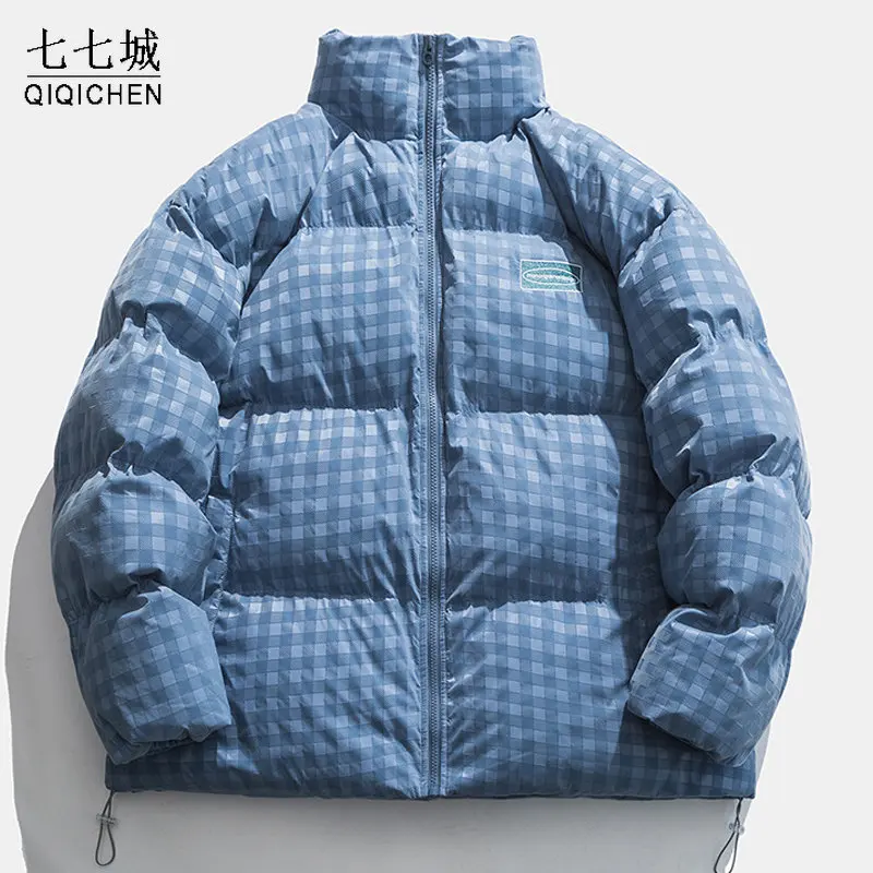 

Winter Stand Collar Parkas Men Women Plaid Street Casual Thicken Warm Padded Jackets Loose Zipper College Style Coats Unisex