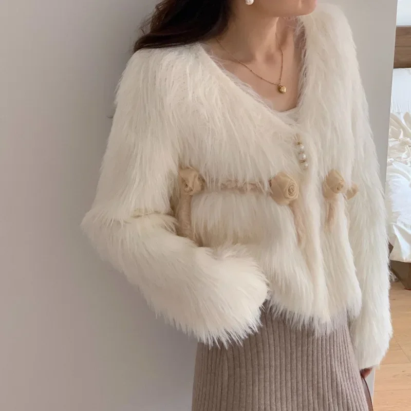 Женская осенне-зимняя куртка из лисьего меха с цветами мягкий теплый кардиган в