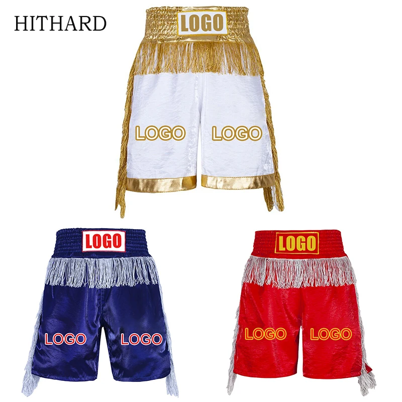Boxing Shorts Men Womens Kids Tassels Satin Muay Thai Fight Pants Personalized MMA Combat Kickboxing Training Trunks Custom Logo