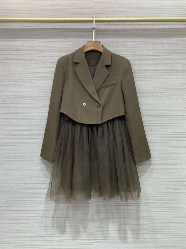 

2022 new women fashion suit short suit jacket + mesh suspender skirt two-piece set 830