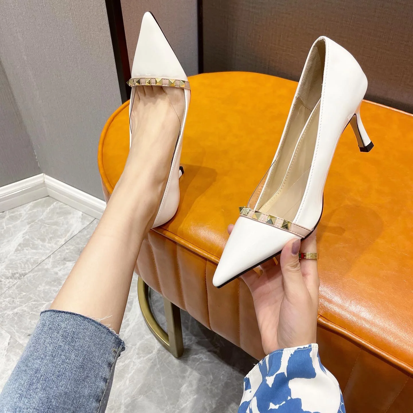 

Leather Sexy Heels Shoes Pointed Toe Rivet Super High Heels Green Pumps Women Dress Shoes Stilettos 2022 New Fashion
