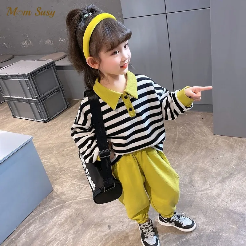 

Модный хлопковый комплект одежды для маленьких мальчиков и девочек, футболка-поло + штаны, комплект одежды в полоску из 2 предметов для мален...