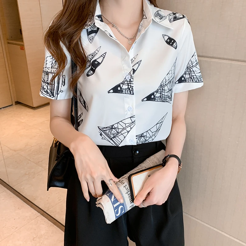 

Chiffon Women's Blouses New Fashion Polo Shirt Casual Long Sleeve Top Printing Summer Female Clothes Movafag