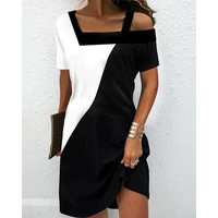 women fashion sexy summer 2022 short sleeve a line mini dress elegant asymmetrical neck colorblock casual dress