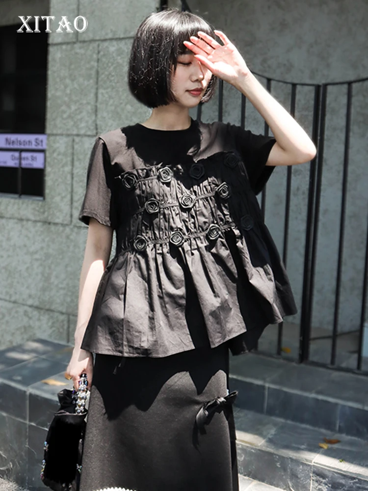 

XITAO Solid Pleated T-Shirt Women Korea 2022 Summer New Arrival Personality Fashion Loose O-neck Short Sleeve T-Shirt WLD7492