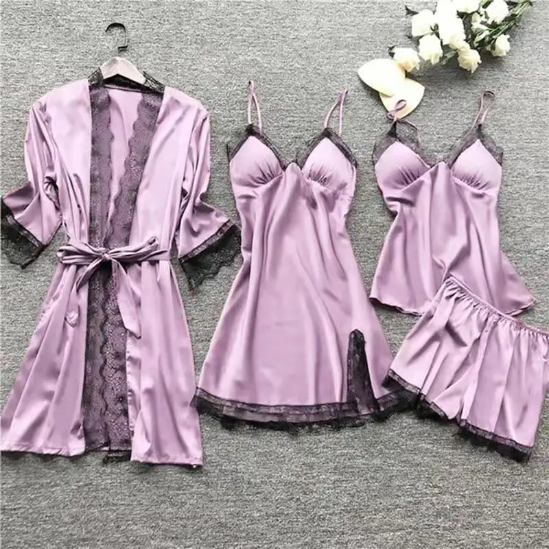 Sexy women's nightwear sets Satin Sleepwear Silk 4 Pieces pajamas   Casual home wear Strap Lace Pajamas set With Chest Pads