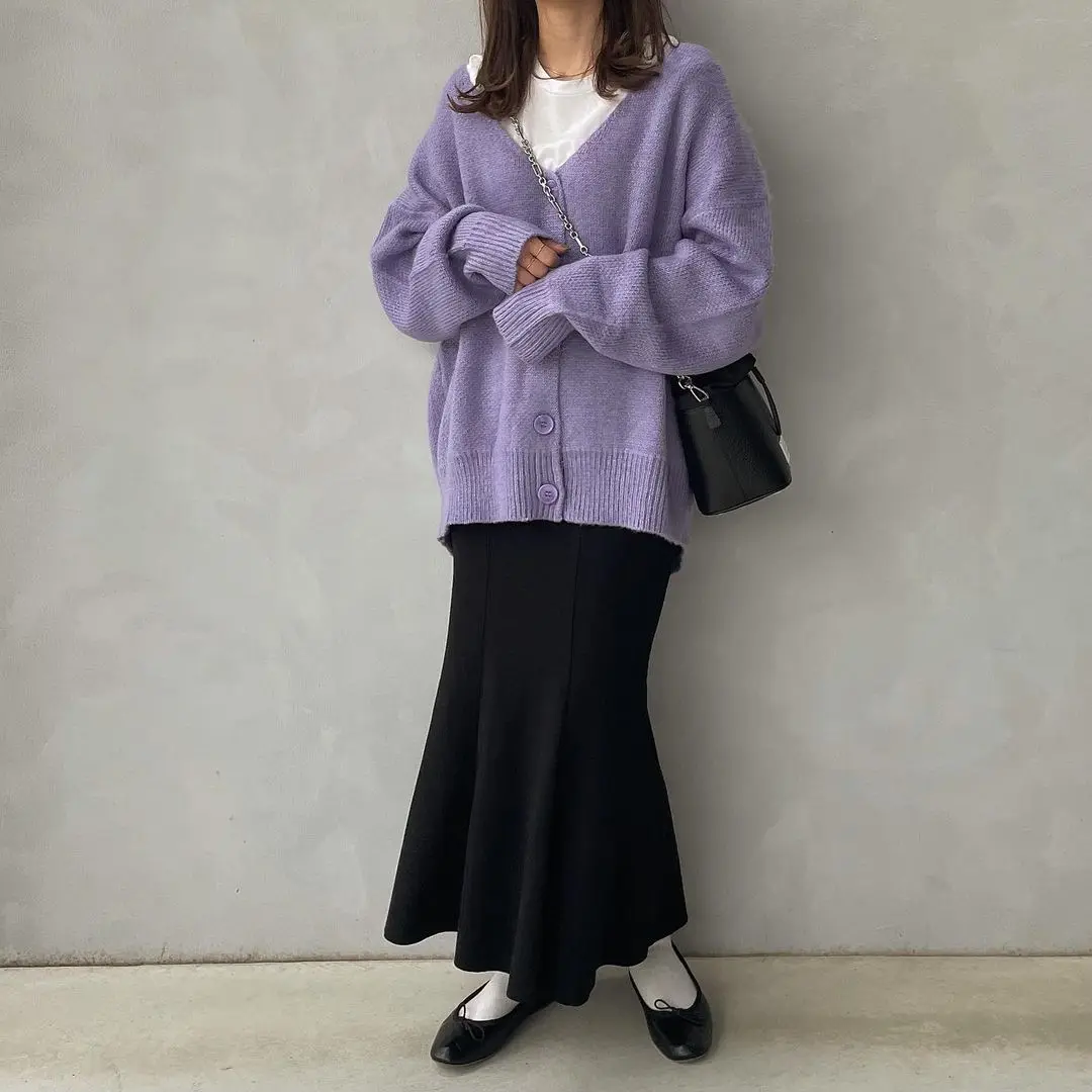 

Women's Casual Knitted Cardigan Sweater Korean Style Ladies V-neck Loose Solid Color Spring Long Sleeve Outer Wear Autumn Top