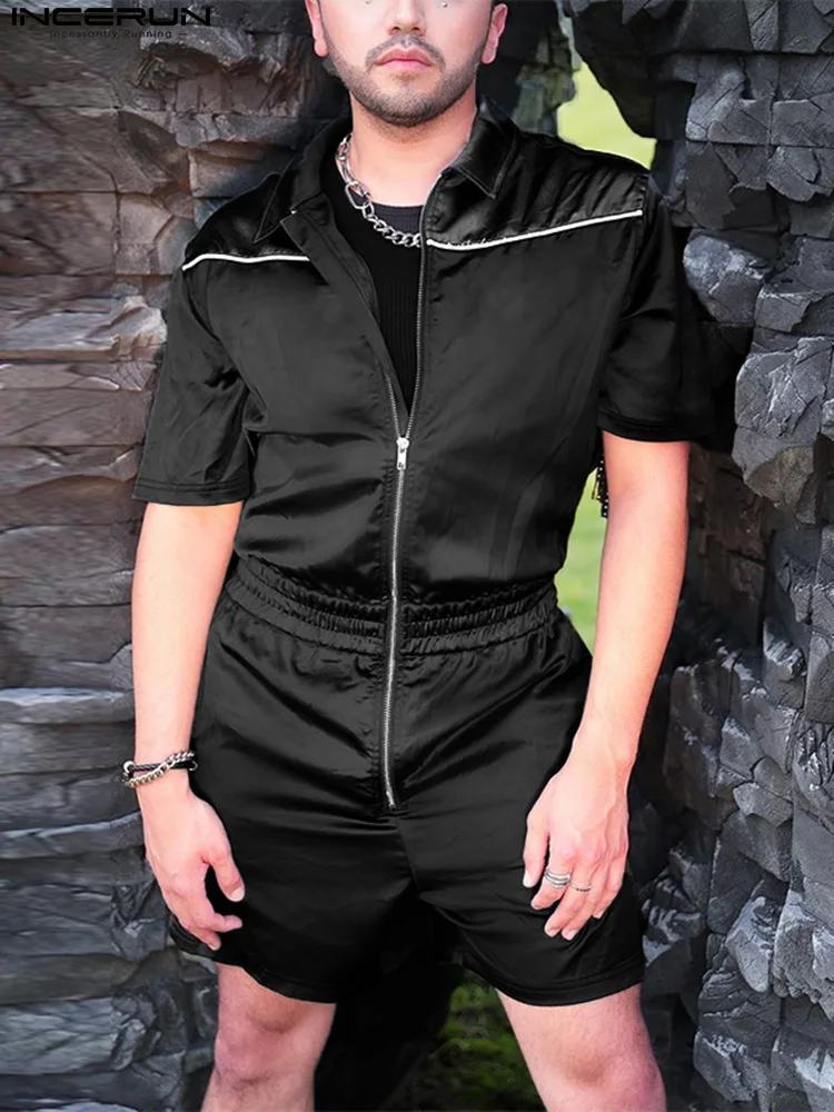 

INCERUN Men Rompers Patchwork Lapel 2022 Short Sleeve Streetwear Zipper Tassel Casual Jumpsuits Personality Summer Men Overalls
