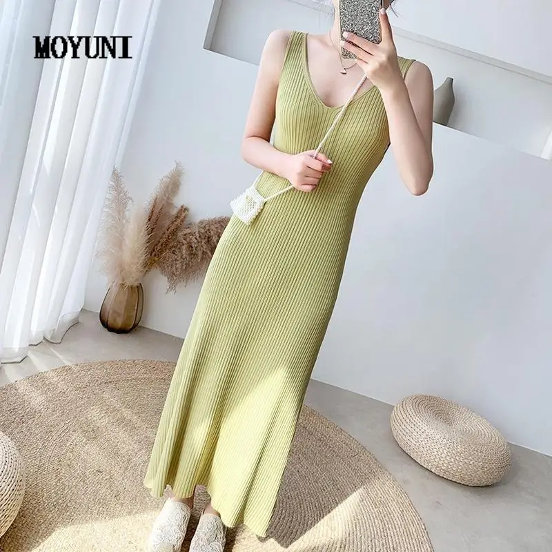 

2022 New Summer Ice Silk Knitted Suspender Dress Women Bottom Wild Solid Sexy V Sleeveless Tank Vestidos Strap Elegant Lady