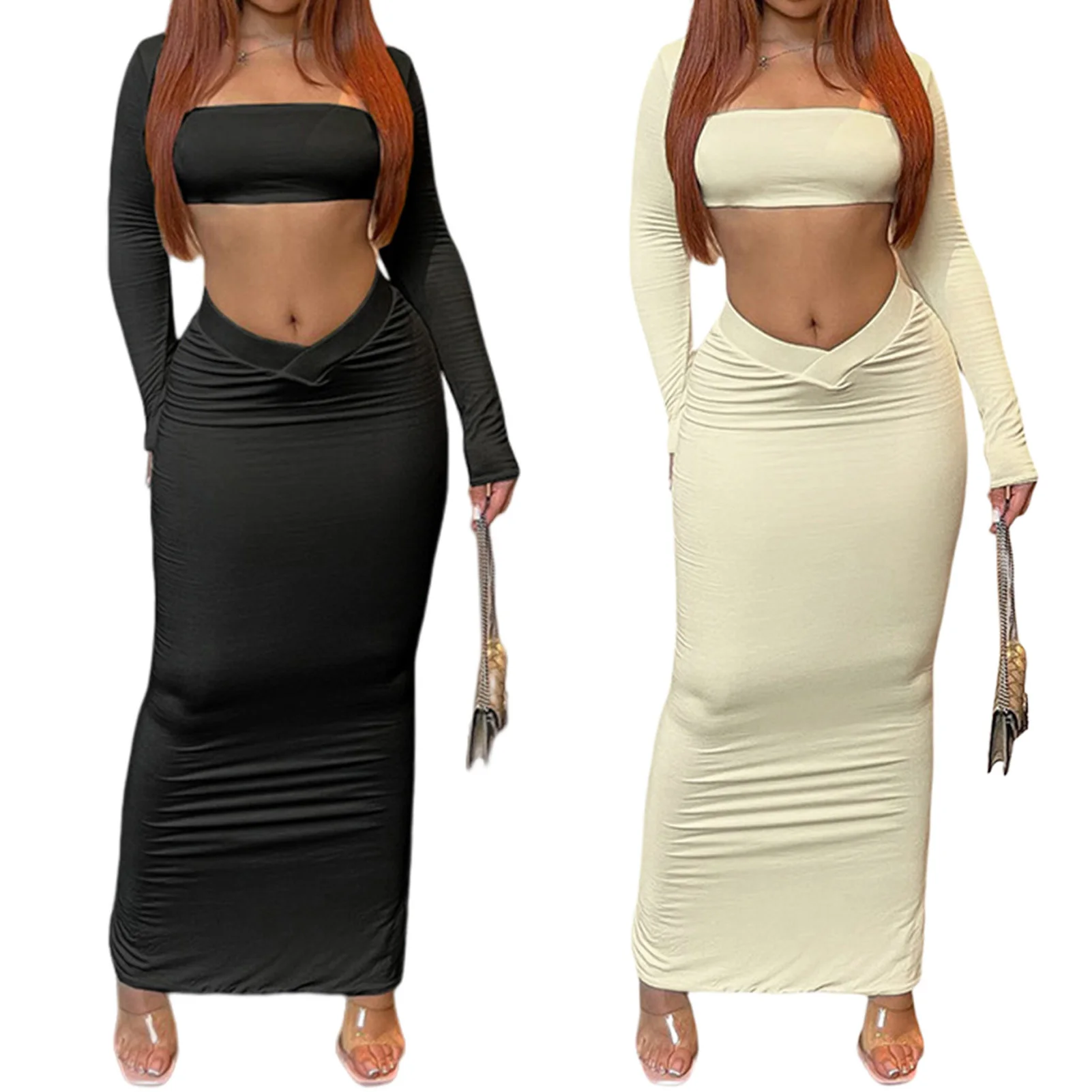

Women Solid Color Navel Exposed Long Sleeve Top Maxi Skirt Square Neck Ladies Knitted 2 Piece Skirt Set Hollow Out Daily Outfit