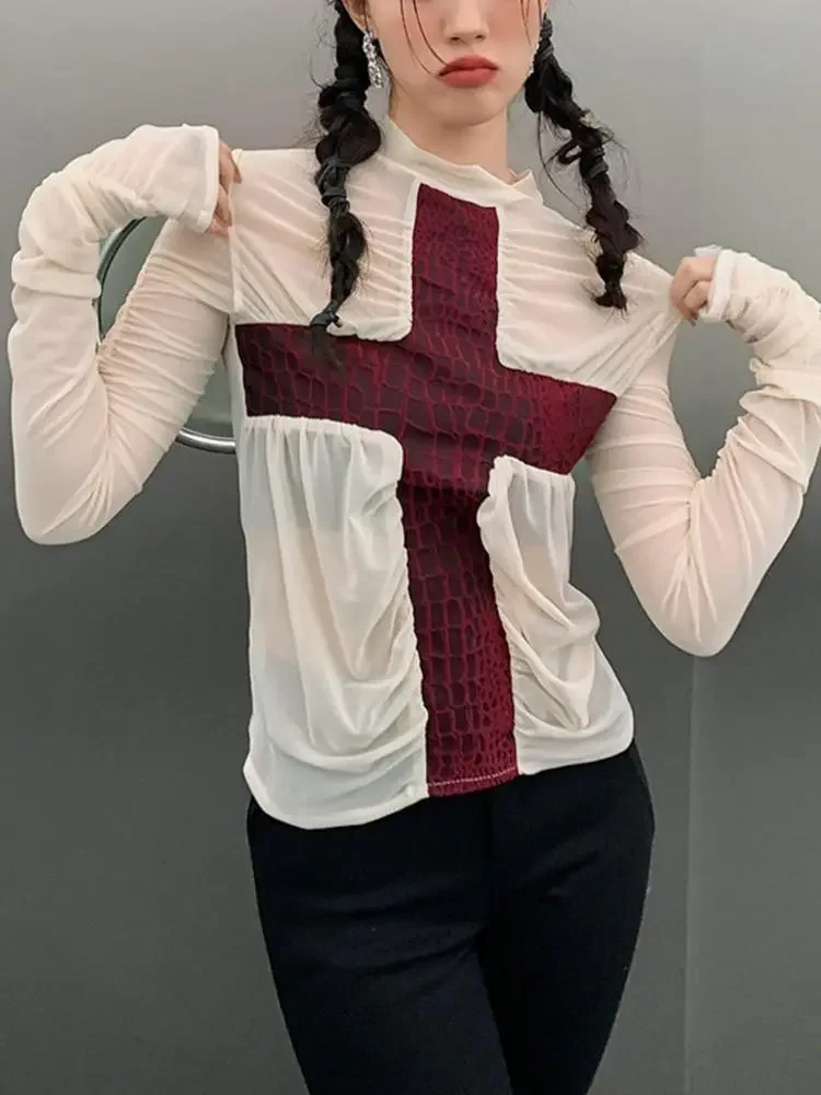 

2024 Women Transparent Top Patchwork Tshirt Summer Fashion Clothes Harajuku Y2k Turtleneck Mesh Top Grunge Long Sleeve T Shirt