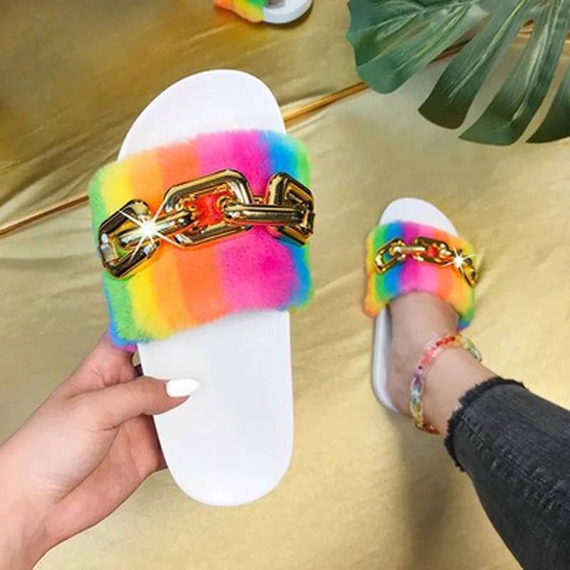 

Cotton Slippers Home Sandals 2021 Autumn and Winter New Metal Chain Word Flat Bottom Casual Hairy Women