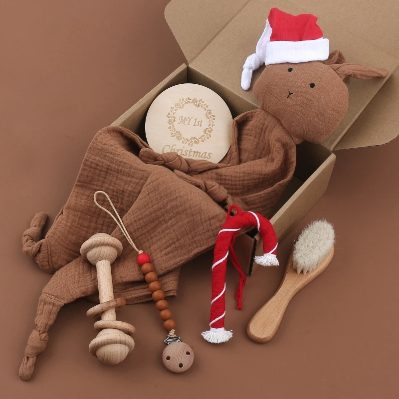 

6PCS Bunny Soothe Appease Towel Beech Wood Rattle Toy Pacifier Chain Clips Hairbrush Newborn Photo Props Christmas Gift