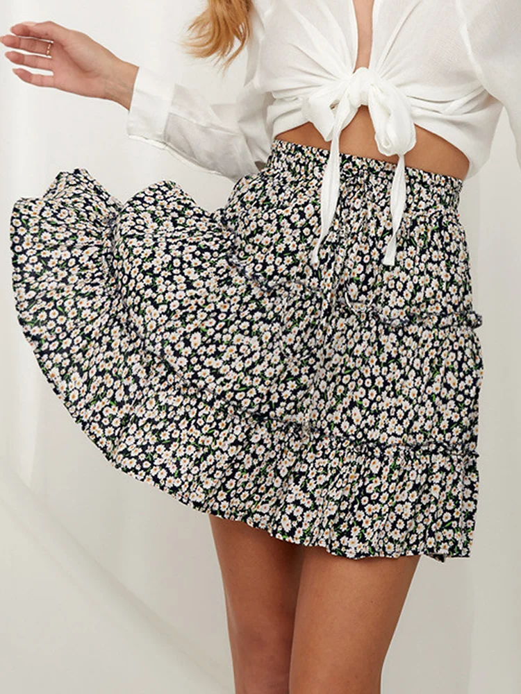 Floral Printed A-Line Mini Summer Women Skirt Pleated High Waist Harajuku New 2023 Sweet Elegant Ladies Short Beach Sexy