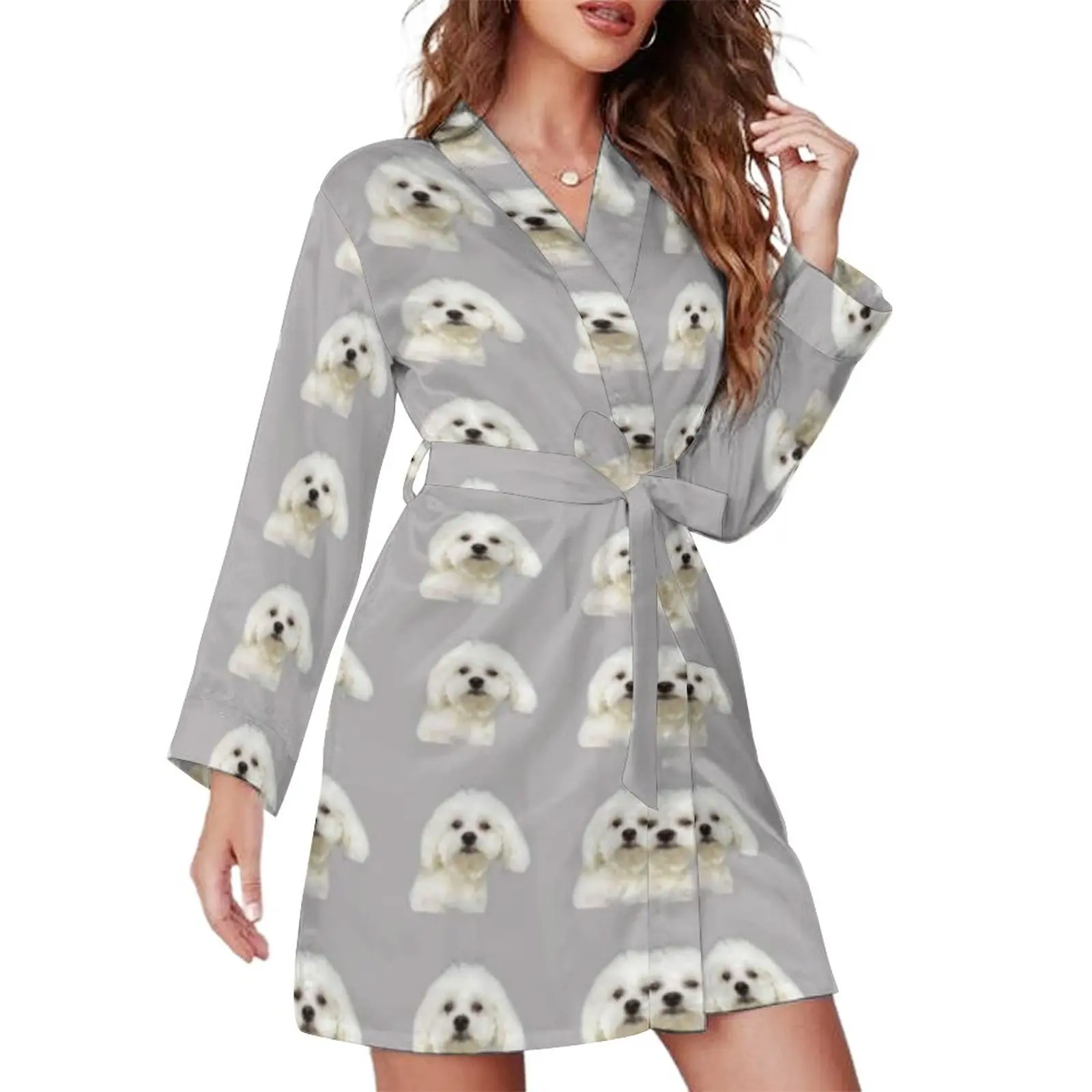 

Dog Pajama Robe Maltese Long Sleeve Fashion Custom Dress Style Women Lounge Sleepwear