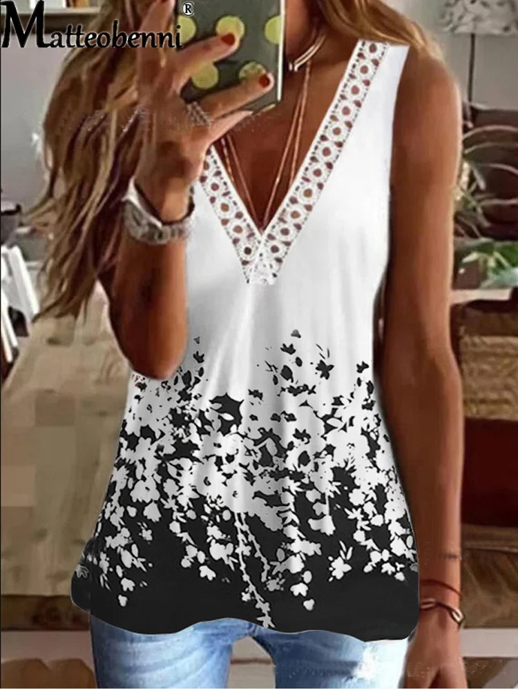 

2022 Summer Women Floral Print Lace V Neck Strap Tank Tops Female Casual Loose Street Vest Fashion Vintage Sleeveless T Shirt