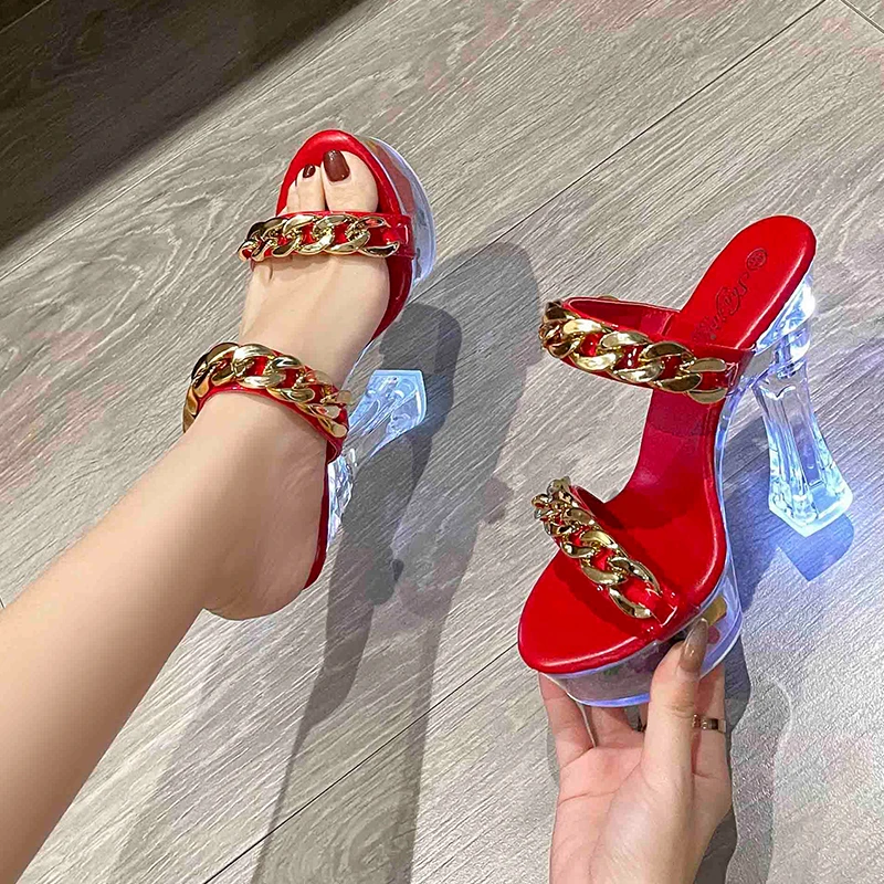 Party Club Metal Button Sandals 14CM Crystal Women's Shoes Clear Platform Super High Heel Glow Slippers Sexy Nightclub Flip Flop