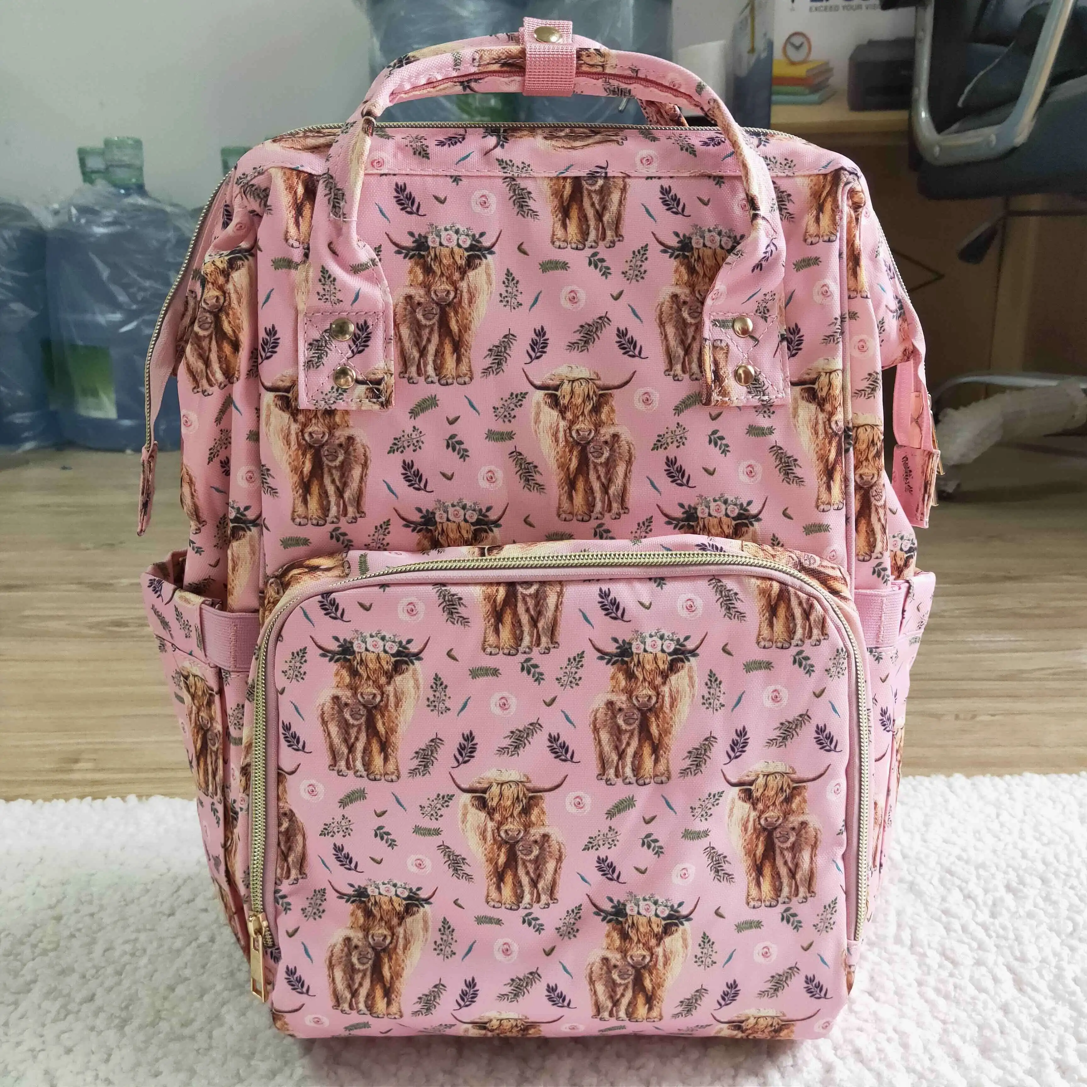 Young Girl Western Highland Cow Flower Backpack Daypack Toddler Outdoor Portable Wholesale Kids Children Floral Pink School Bag
