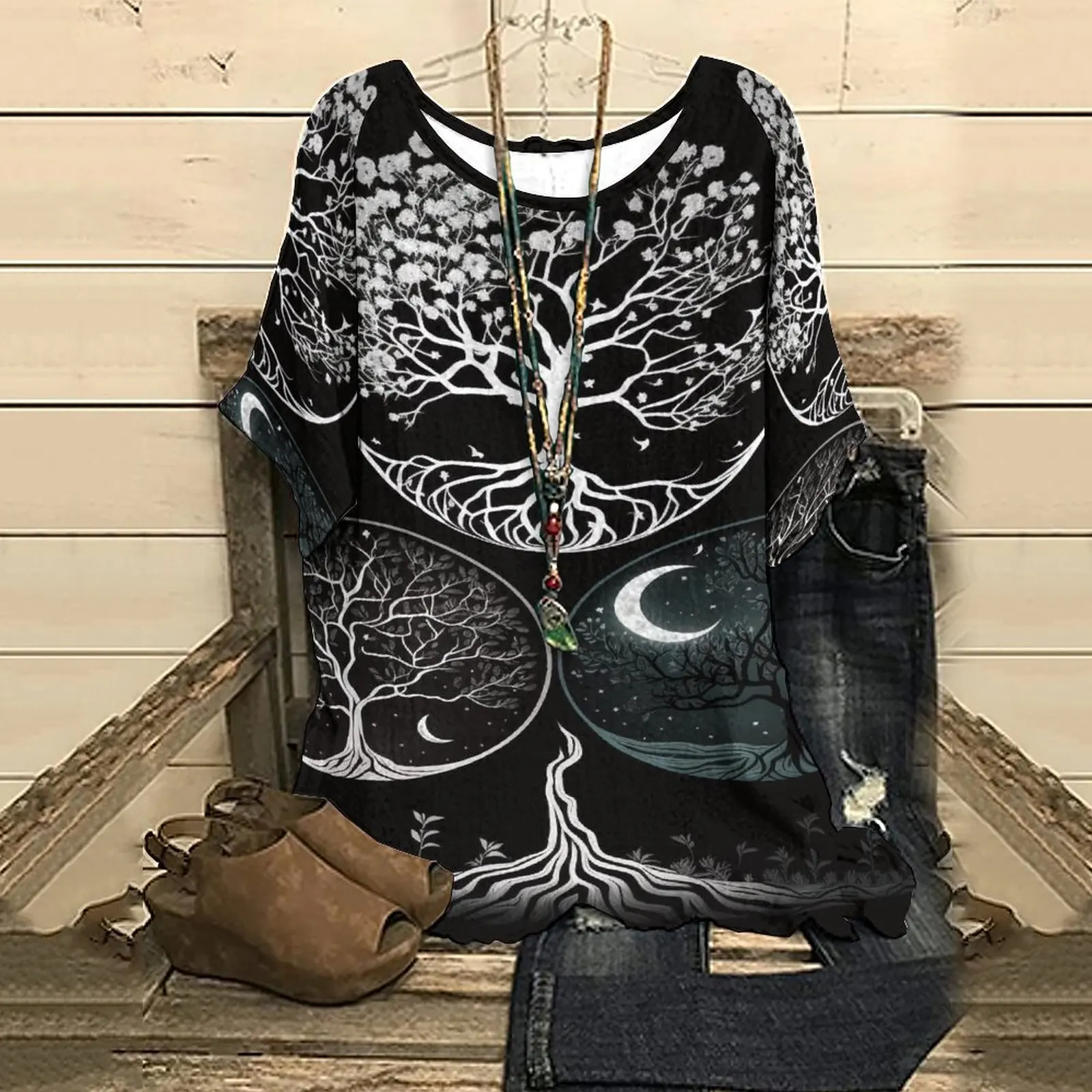 

Женская футболка с рукавом до локтя, летняя Готическая Футболка с принтом лунного дерева, уличная одежда