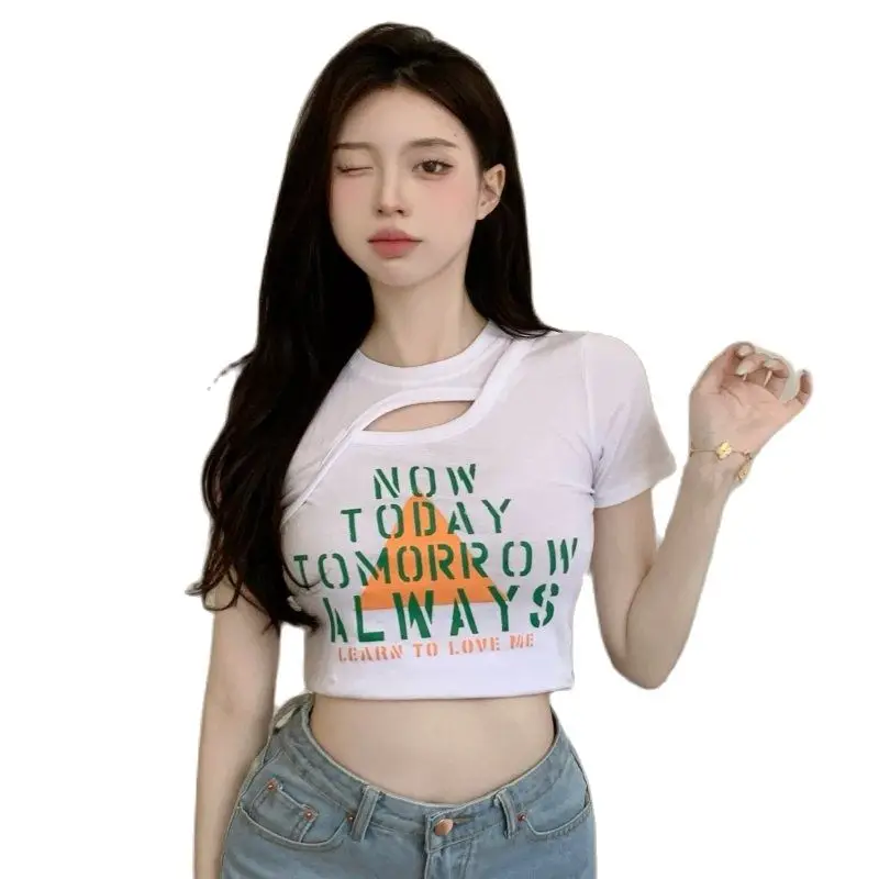 

2022 Hot Sell Women Crop Tops Letters Printing Short Sleeves Hollowed Short Sleeves T-shirt Tight Cotton Elastic Summer Top
