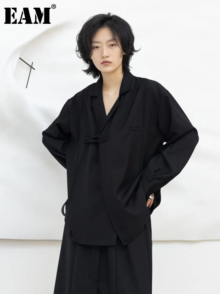 

[EAM] Женская повседневная черная блуза большого размера с пряжкой, новая свободная рубашка с длинными рукавами и отворотом, модная весенне-о...