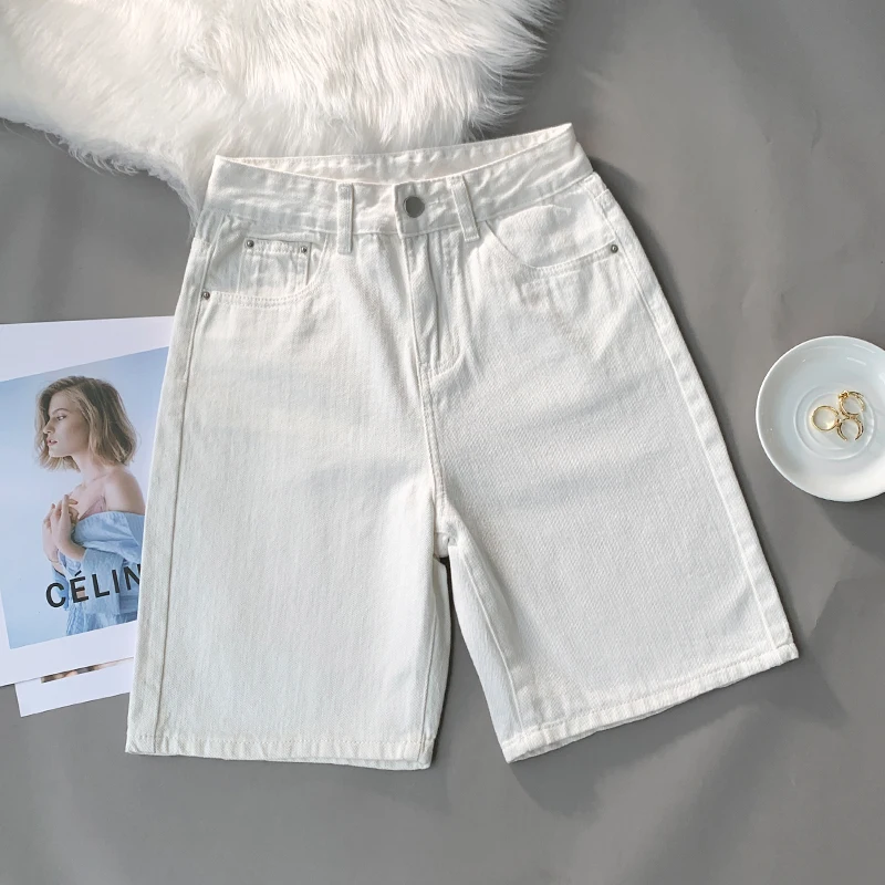 Women Summer Denim Fifth Pant Female Casual Baggy Straight Korean Version Streetwear Clothes Y2k Washed Jean Shorts High Waisted