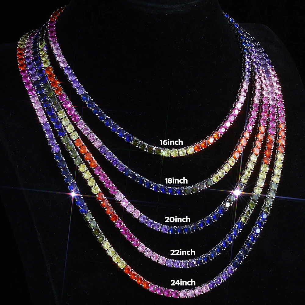 Фото Новый 5 мм Iced Out Bling Радуга красочный кубический цирконий CZ теннисная цепочка для женщин и мужчин очаровательное колье-колье ювелирные изделия подарок №1