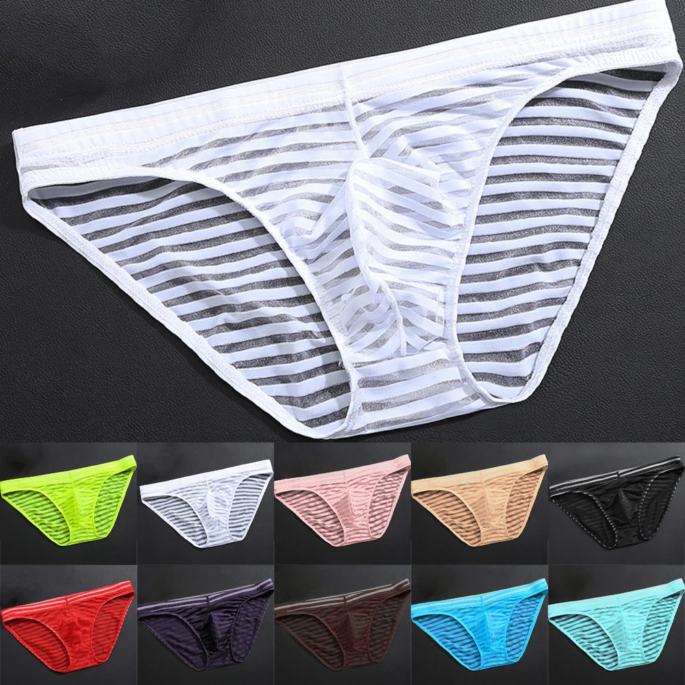 

Men's Sexy See-through Ice Silk Men Underwear Briefs Mesh Sheer Pouch Stretchy Striped Panties Transparent Thin Thongs Lingeries