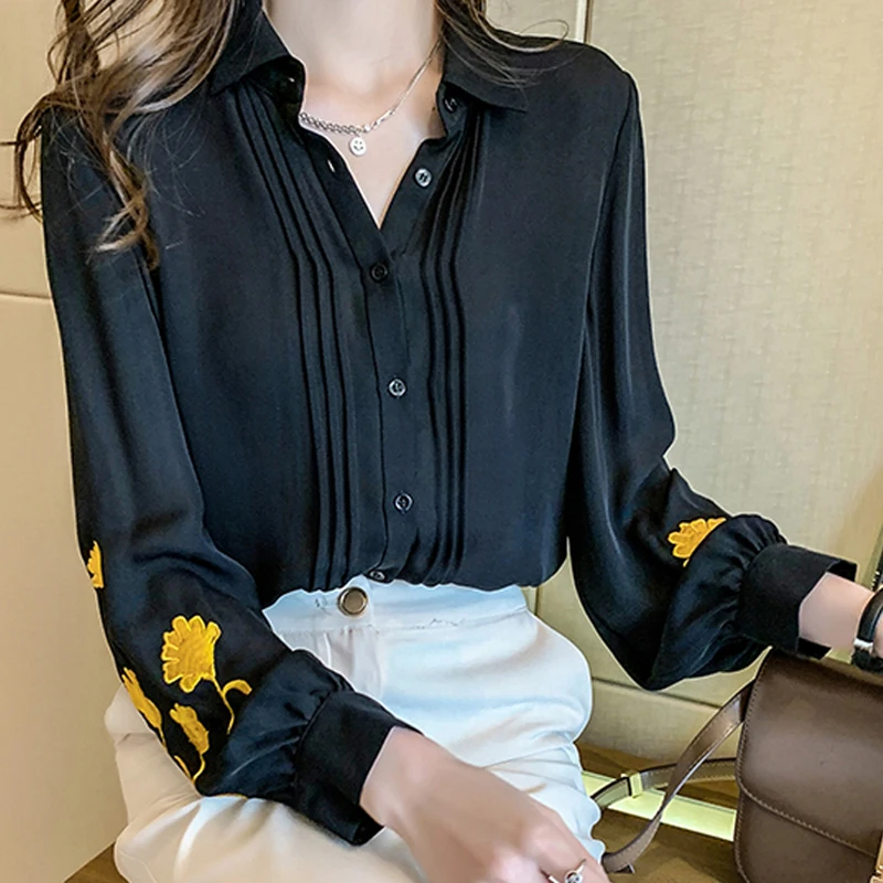 

2022 Spring Turn Down Collar Shirts Women Clothies Office Lady Embroidery Floral Women Blouse and Tops Black Chiffon Blusas Muje