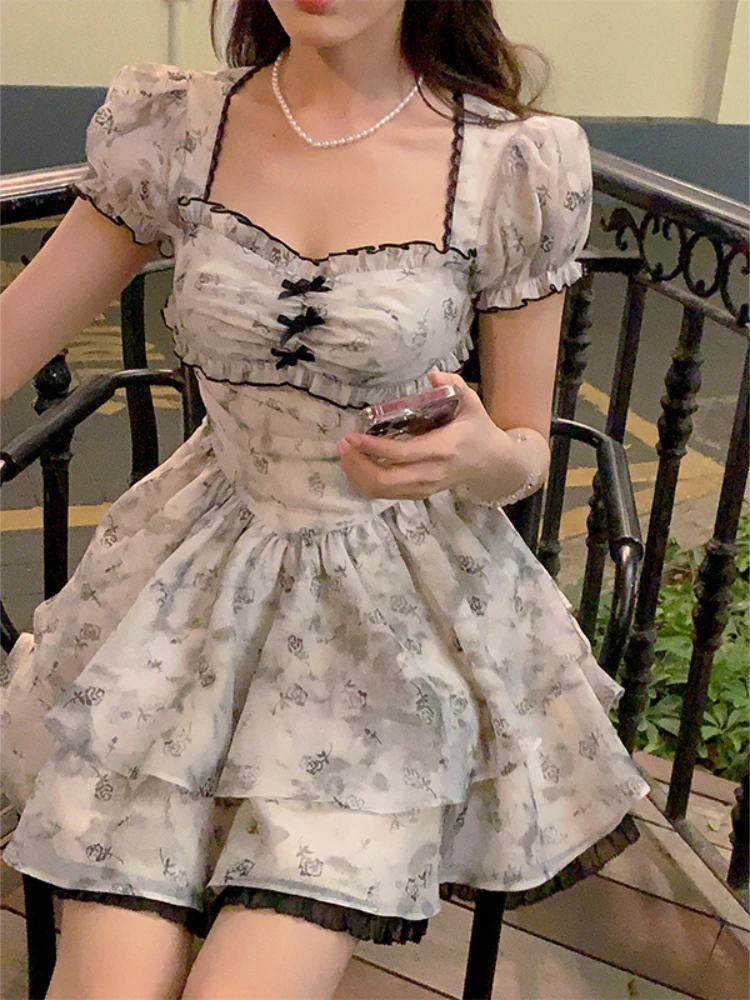 

Винтажное элегантное платье с цветочным принтом, женское милое мини-платье с оборками, женское модное корейское платье с рукавом-фонариком, 2023