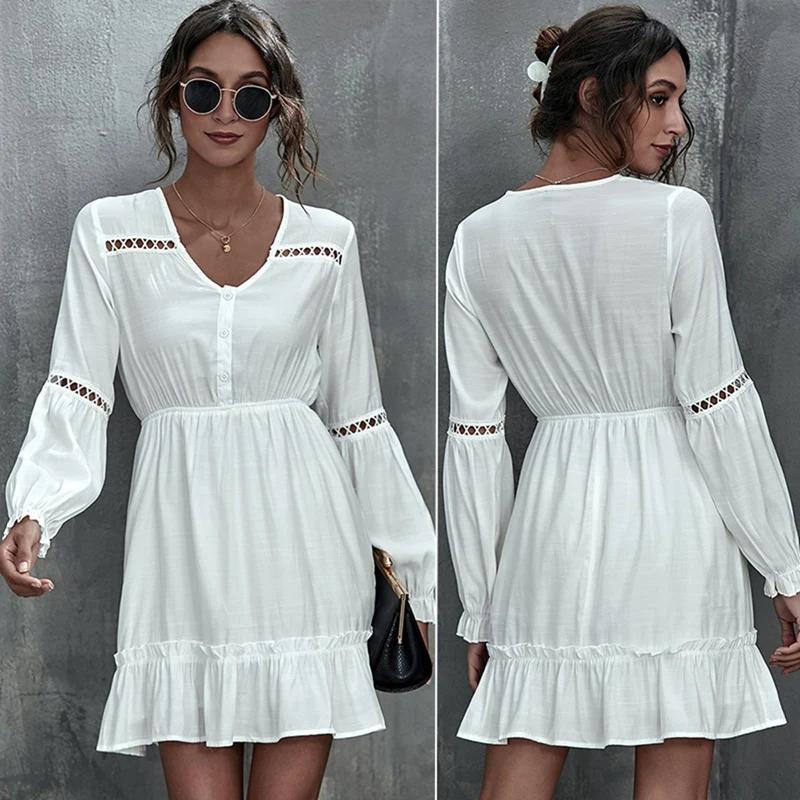

Women's French Elegant V-Neck Stitching Hollow Slim Waist Dress Women's White