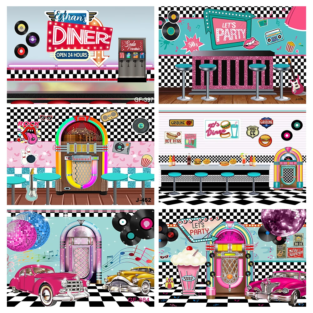 

Dining Background Fast Food Soda Shop 50s Resumed Catering Meal Time Photography Backdrop Banner Child Birthday Shower Decor