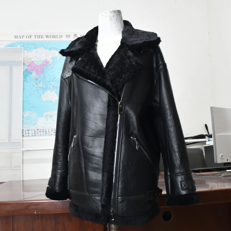 Winter Fashion Thick And Warm Sheepskin  Leather Jacket Coat Women's Long-Sleeved Belt Outwears Women New Street Wear Tops