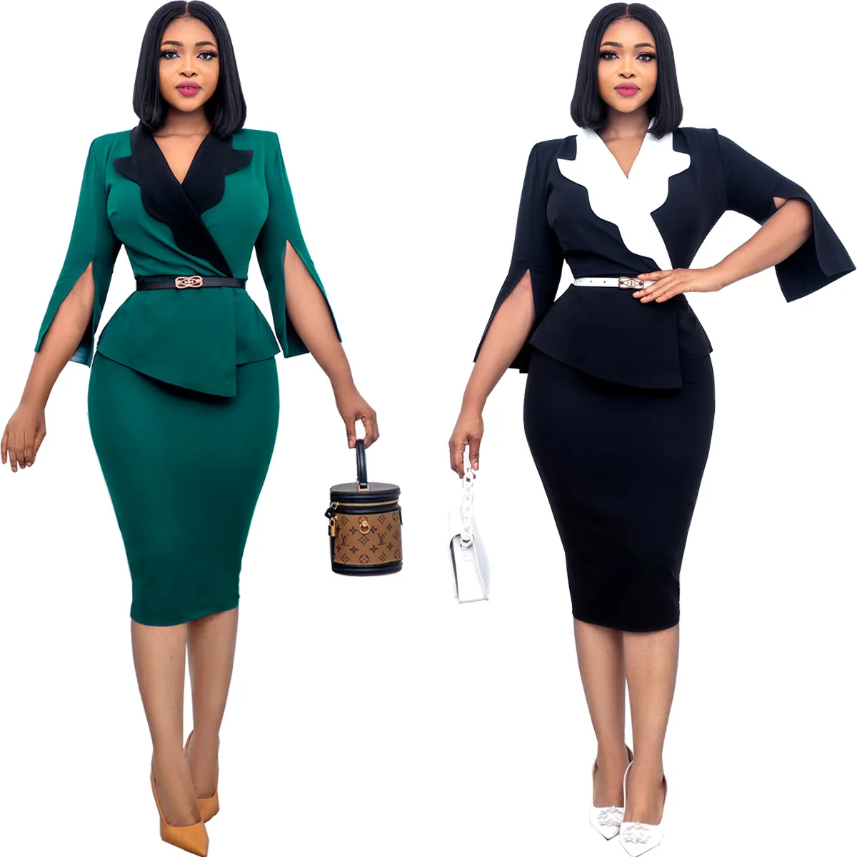 

Женское офисное платье с V-образным вырезом и разрезом на рукавах