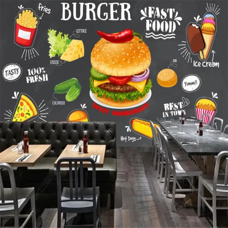 

Retro Mural Blackboard Fried Pizza Burger Custom Wallpaper Fast Food Restaurant Industrial Decor 3D Wall Paper papel de parede