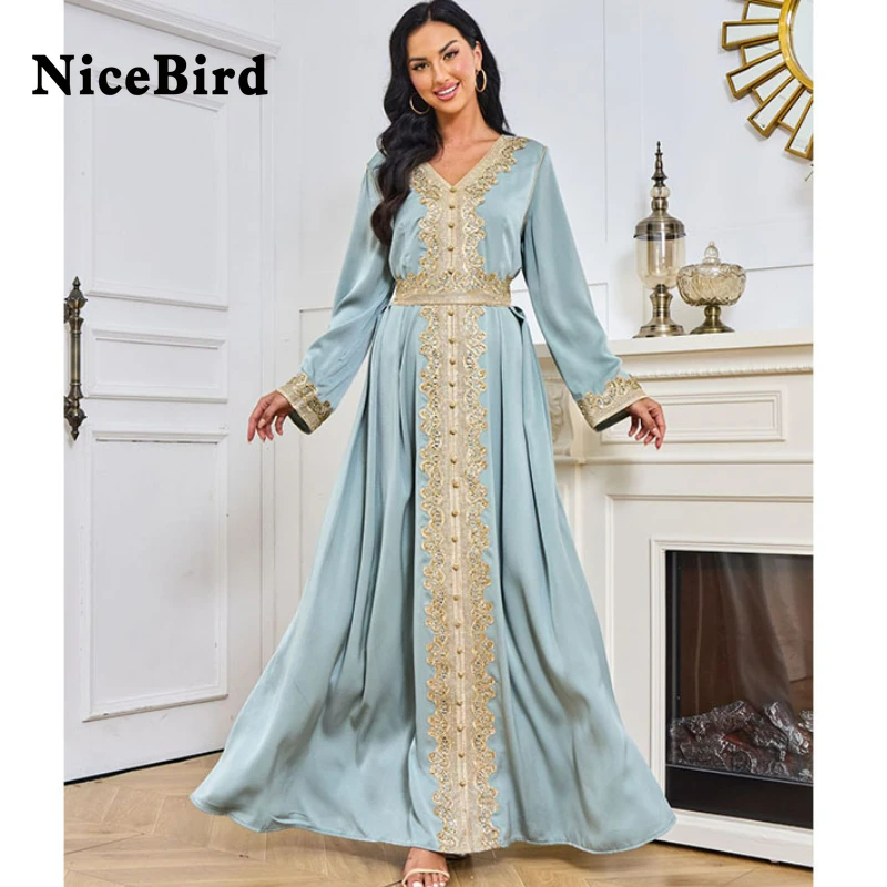 

Nicebird Muslim Robe Satin Party Women Black Long Dress New V-Neck Long Sleeve Loose Fit Fashion Tide Spring Summer 2023