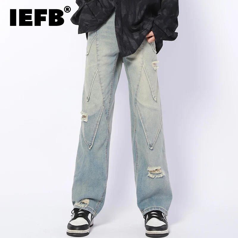 

Джинсы IEFB мужские потертые, модные рваные прямые джинсовые брюки с потертостями и дырками, трендовый дизайн, на лето, 9C972