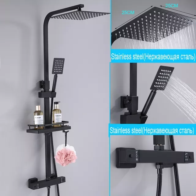 

Black Thermostatic Shower Faucet Set Rainfall Multiple Types Bathtub Tap With High Spray Bathroom Fauct