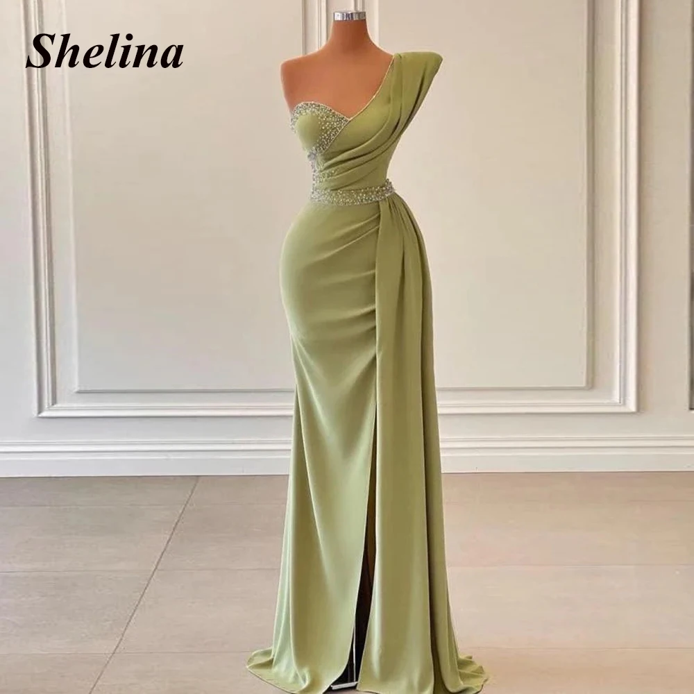 

Shelina Prom Dress 2023 One-Shoulder V-neck High Split Sequins Crystal Pleat Backless Asymmetrical Sleeveless Vestido De Noite