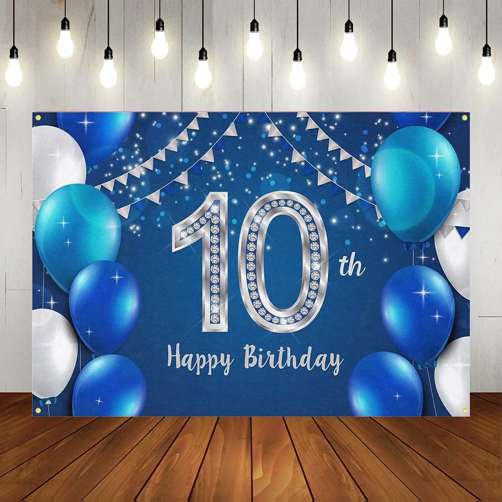 

Happy 10th Birthday Party Backdrop Decoration Blue Balloon Twinkling Photography Booth Background Ten 10 Year Old Anniversary