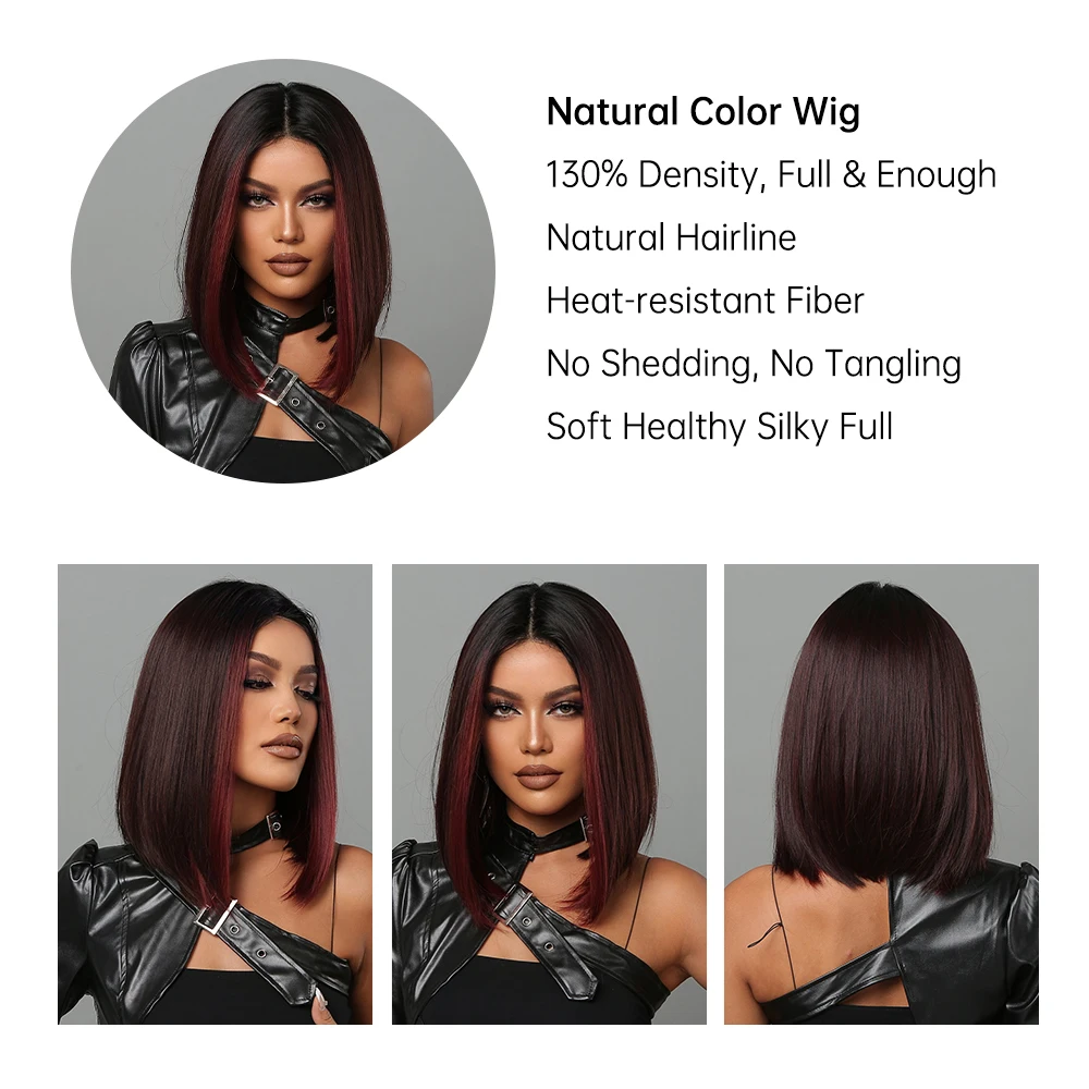 Medium Length Chestnut Brown Synthetic Wigs Middle Part Wine Red Highlights Straight Wig Heat Resistant for Women Party Cosplay
